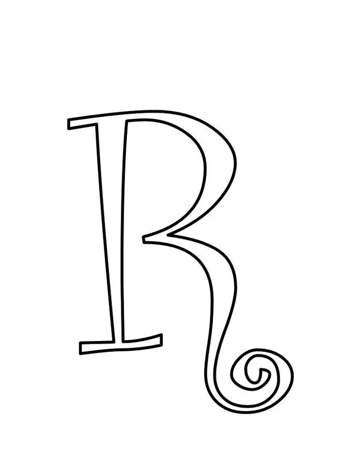 Letra R maiúscula estilizada para impressão. Design com serifa e espiral elegante.