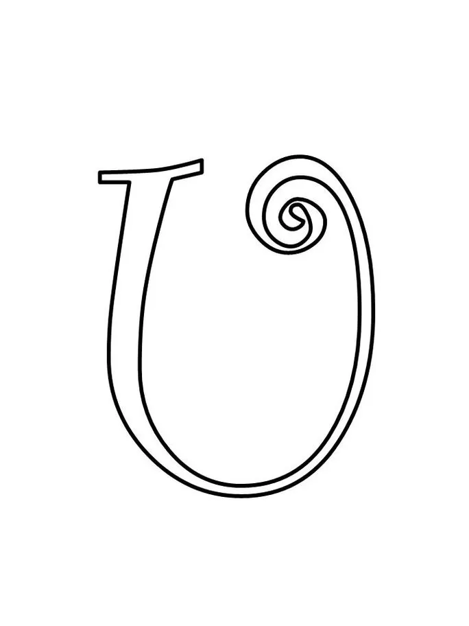 Letra U maiúscula ornamentada para impressão. Design artístico com espiral decorativa.