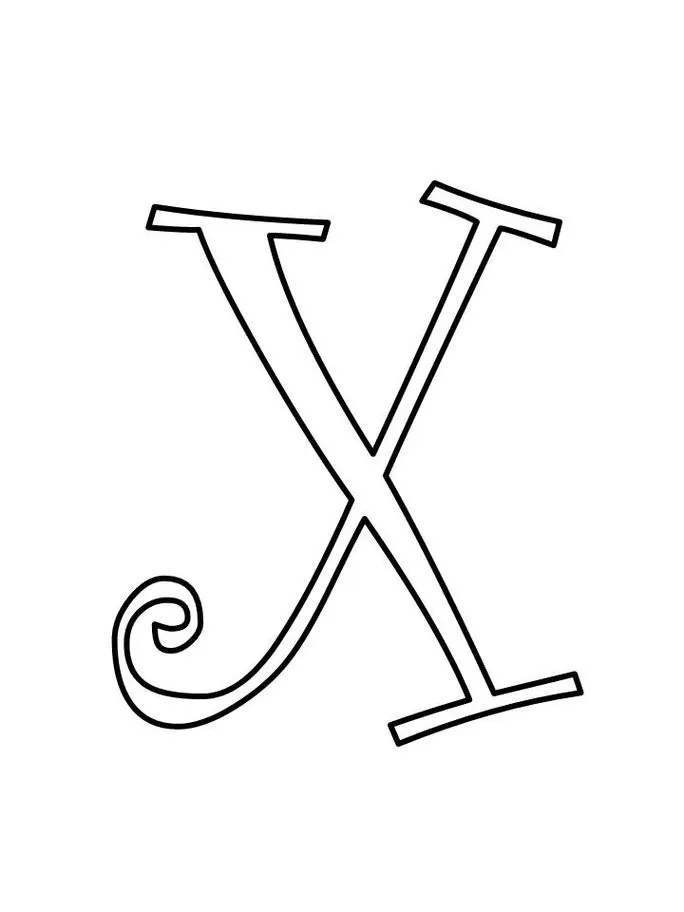 Letra X maiúscula estilizada com serifas e espiral decorativa.