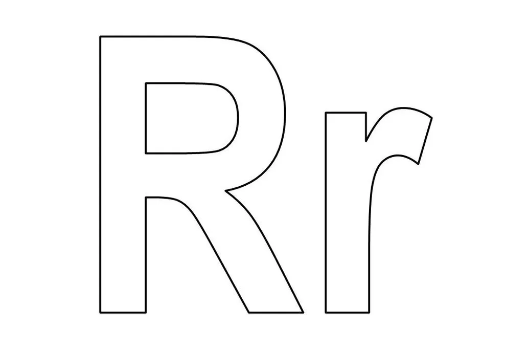 Letra R maiúscula e minúscula para imprimir. Design simples para atividades de aprendizado.