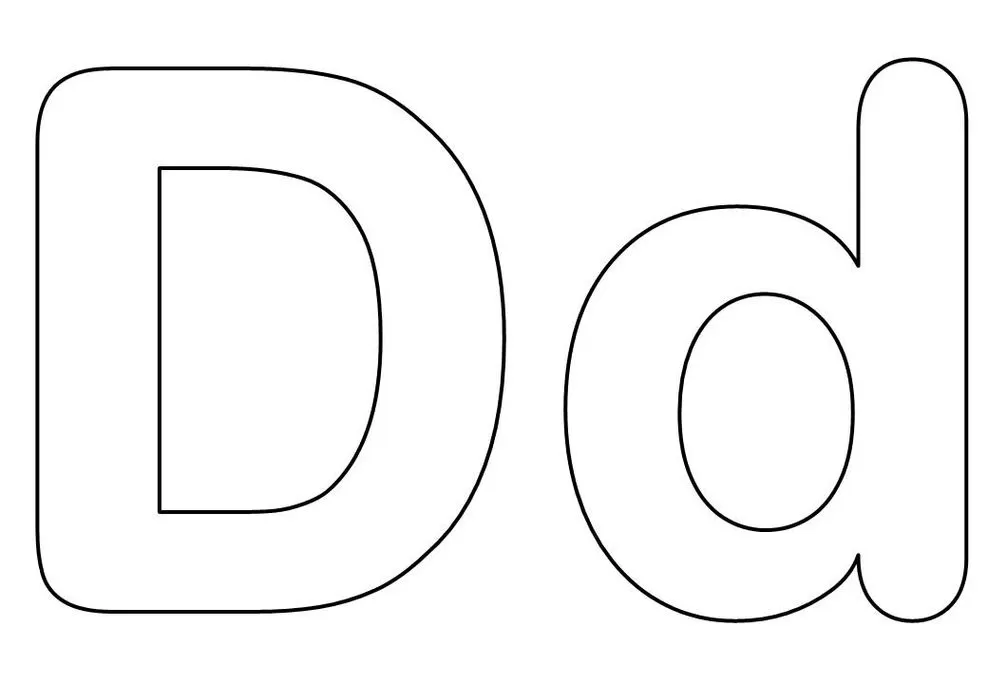 Letras D maiúscula e d minúscula, estilo arredondado para aprendizado do alfabeto.