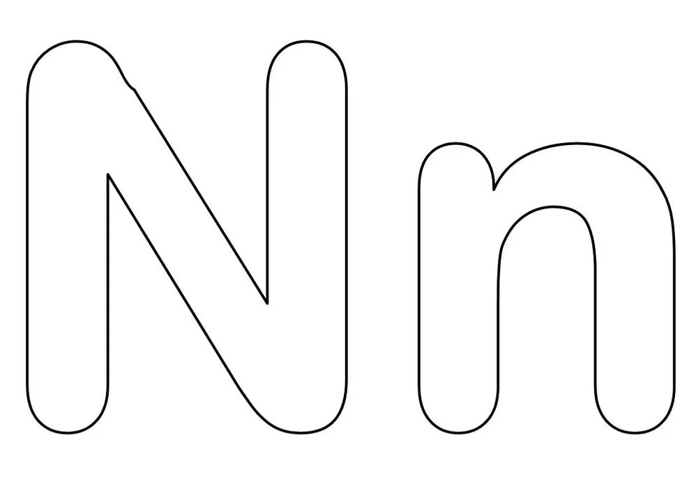 Letras N maiúscula e n minúscula para imprimir. Formas arredondadas e linhas espessas.