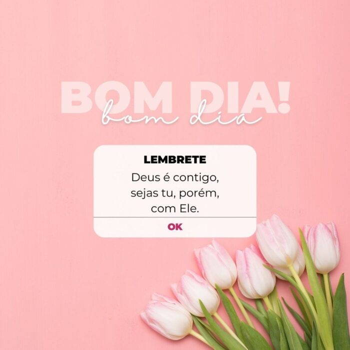 Mensagem inspiradora de bom dia com tulipas rosas e brancas: 'Deus é contigo'.