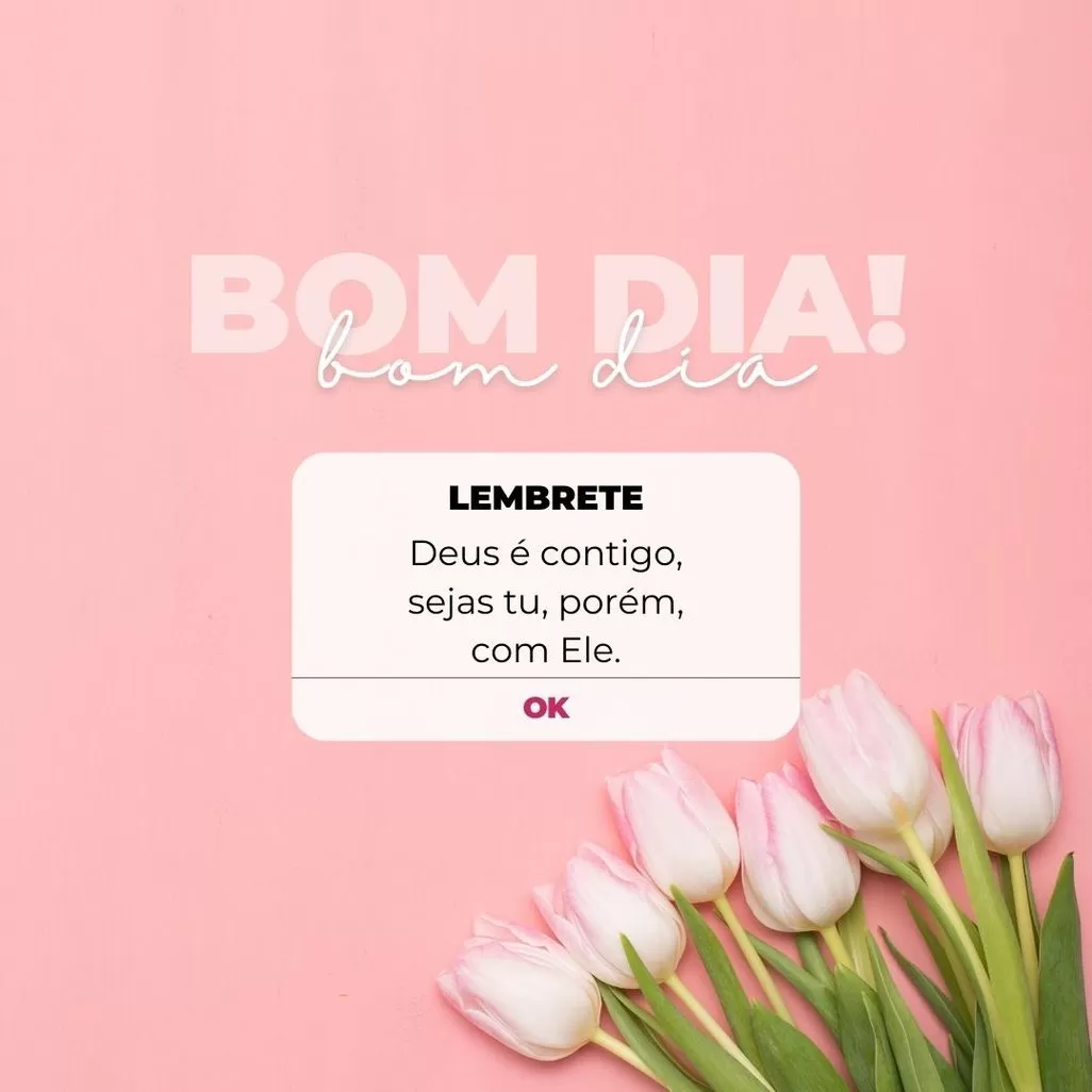 Mensagem inspiradora de bom dia com tulipas rosas e brancas: 'Deus é contigo'.