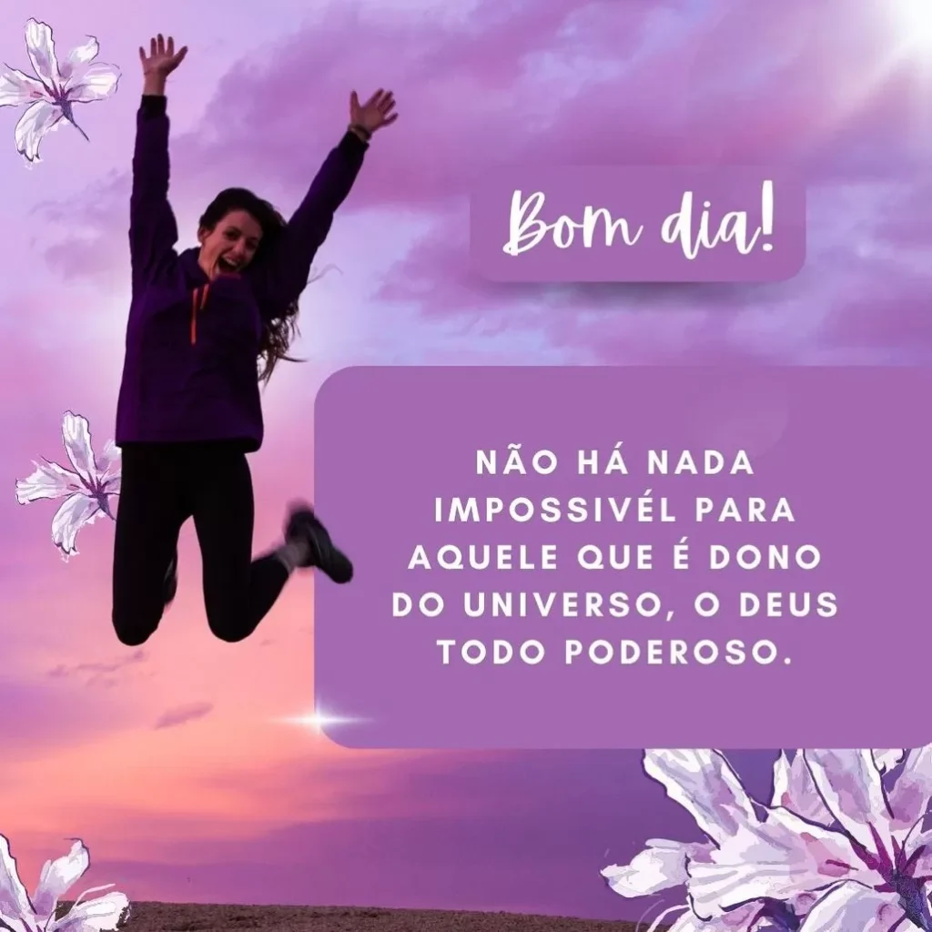 Mulher alegre em cenário de entardecer com mensagem inspiradora sobre o Todo Poderoso.