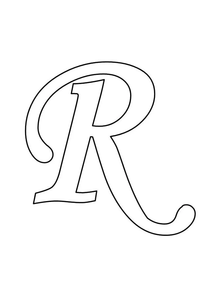 Letra R cursiva elegante para impressão. Molde de letra com design fluido e linhas bem definidas.