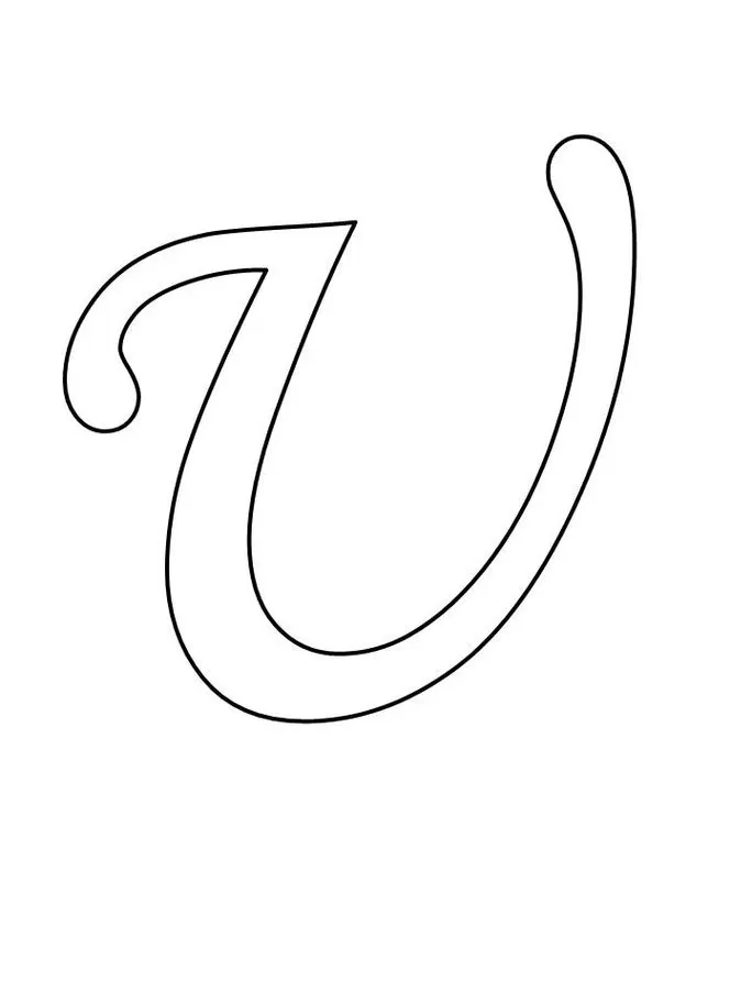 Molde da letra U cursiva para impressão. Design elegante com curvas suaves.