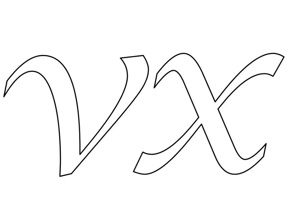 Molde artístico das letras V e X para imprimir. Design elegante com linhas fluidas.
