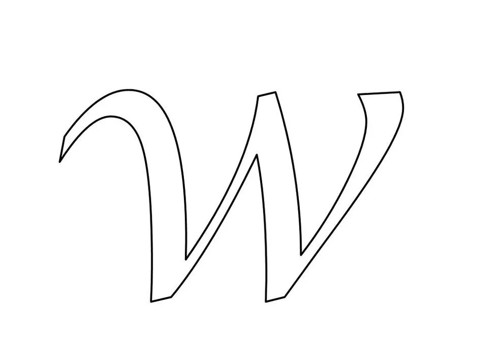 Molde artístico da letra W minúscula para impressão. Estilo elegante e curvo para projetos criativos.