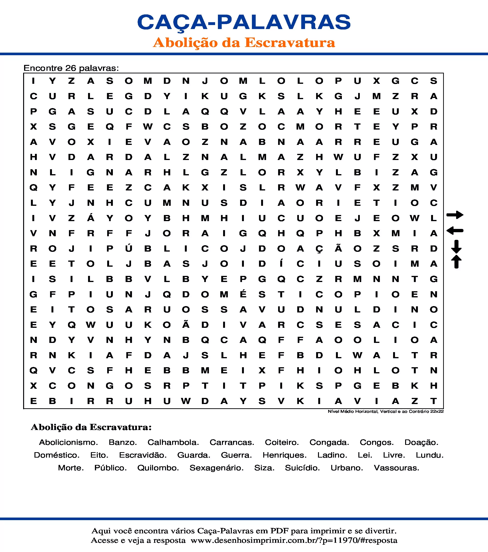 Caça Palavras Nível Médio Horizontal, Vertical e ao Contrário 22x22