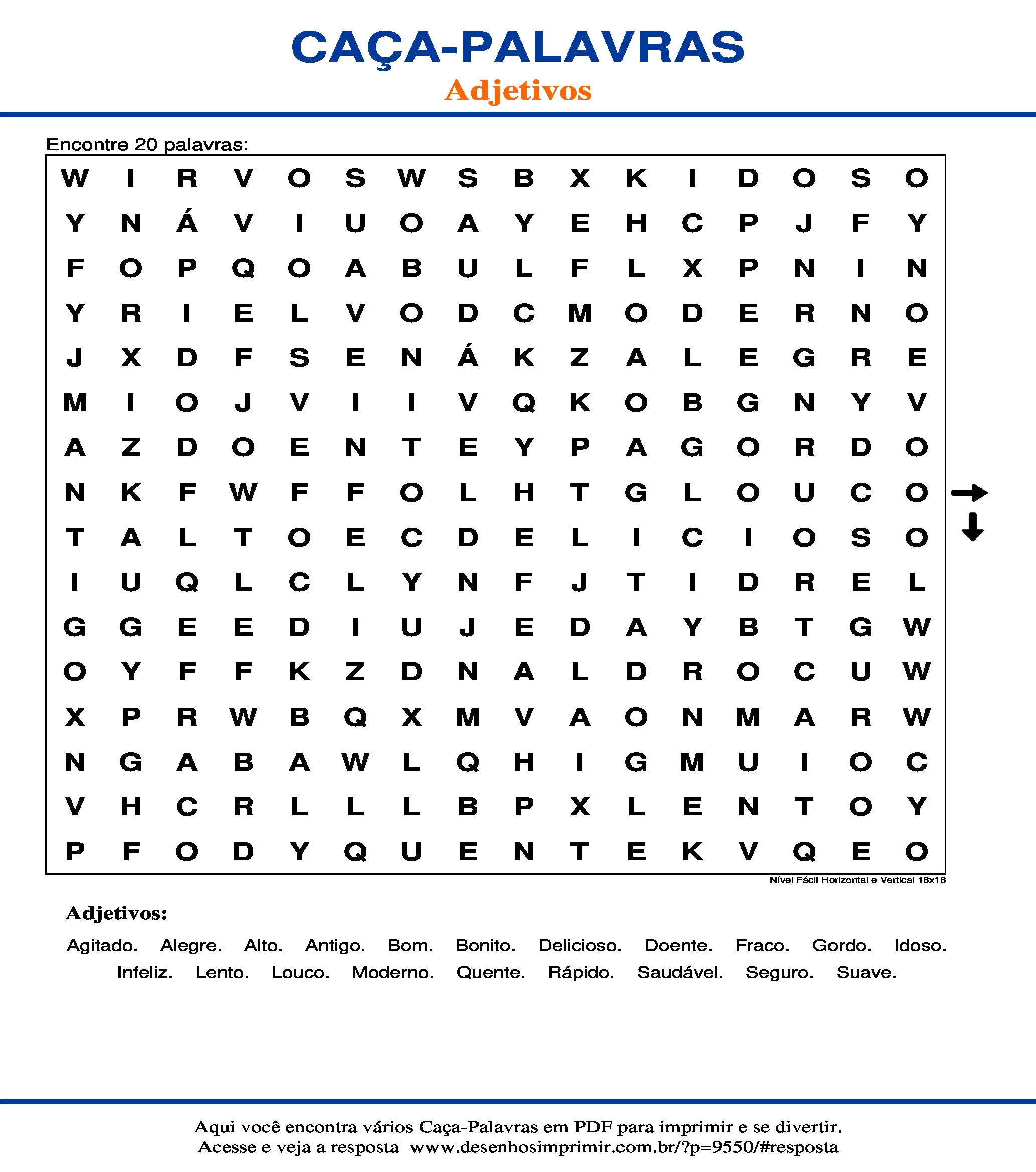 Caça Palavras Nível Fácil Horizontal e Vertical 16x16