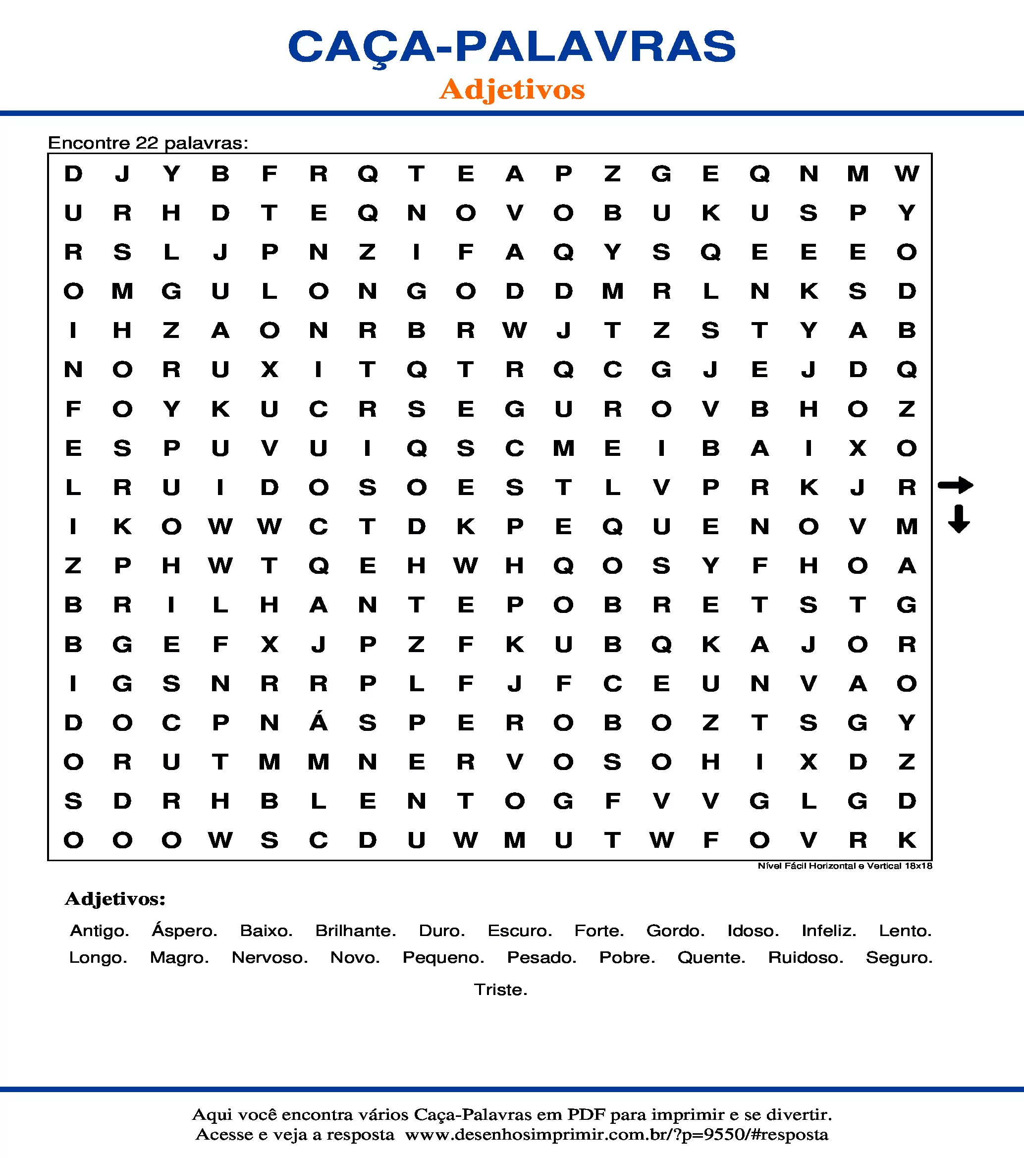 Caça Palavras Nível Fácil Horizontal e Vertical 18x18