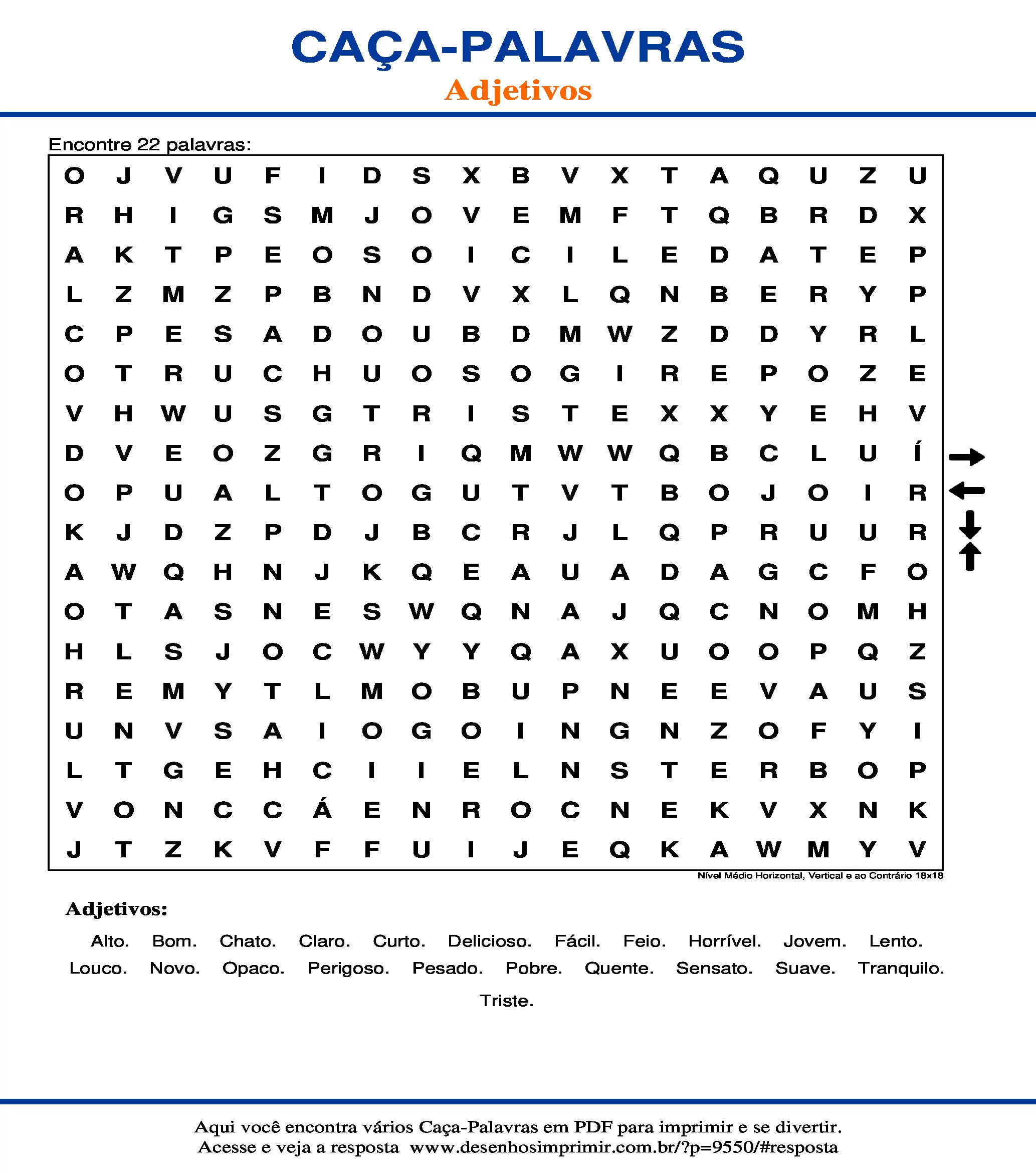 Caça Palavras Nível Médio Horizontal, Vertical e ao Contrário 18x18