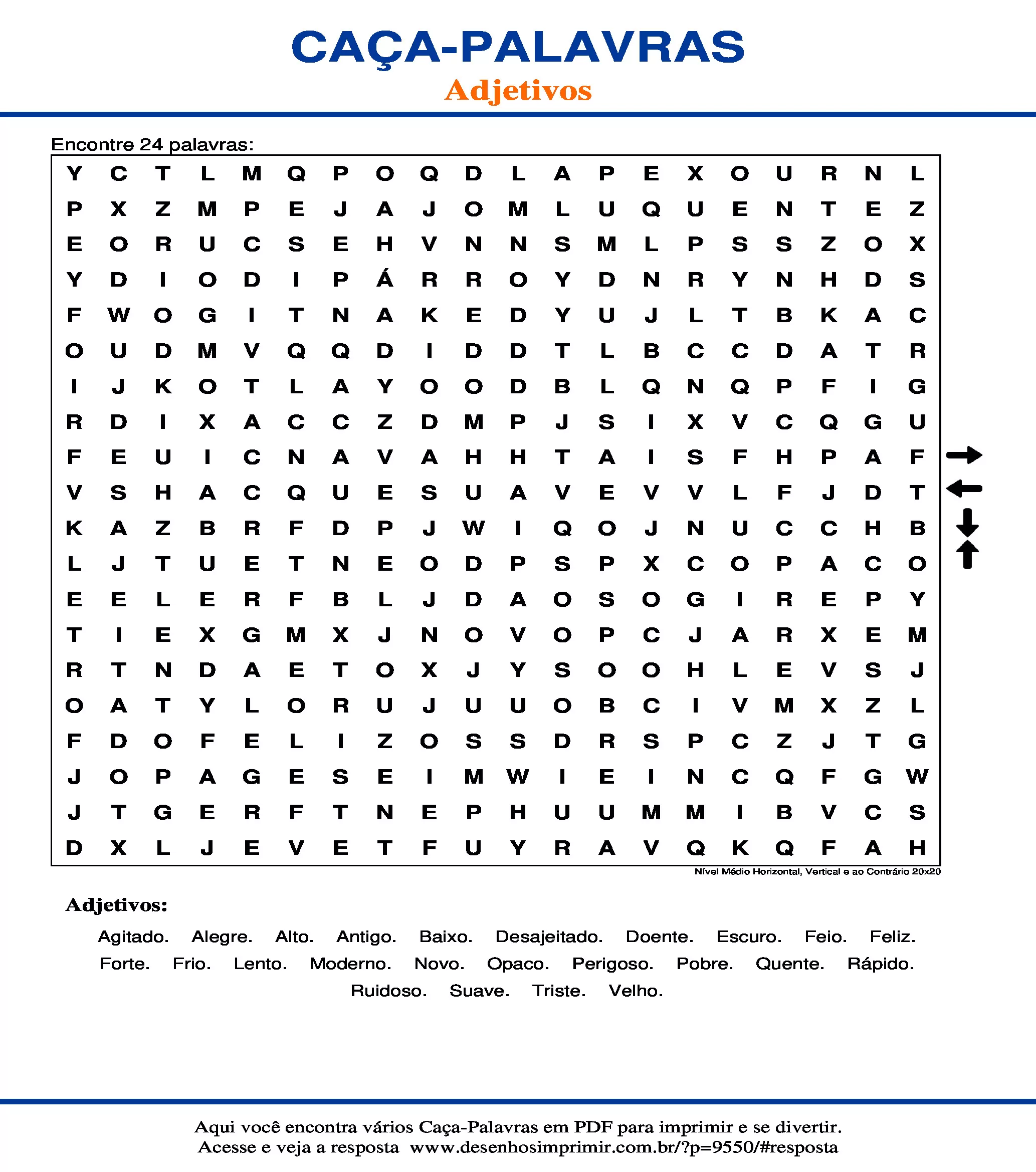 Caça Palavras Nível Médio Horizontal, Vertical e ao Contrário 20x20