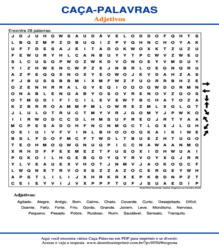 Adjetivos Nível Difícil Horizontal, Vertical, Diagonal e ao Contrário 24x24 caça palavras Caça Palavras dos Adjetivos Nível Difícil Horizontal, Vertical, Diagonal e ao Contrário 24x24 para imprimir