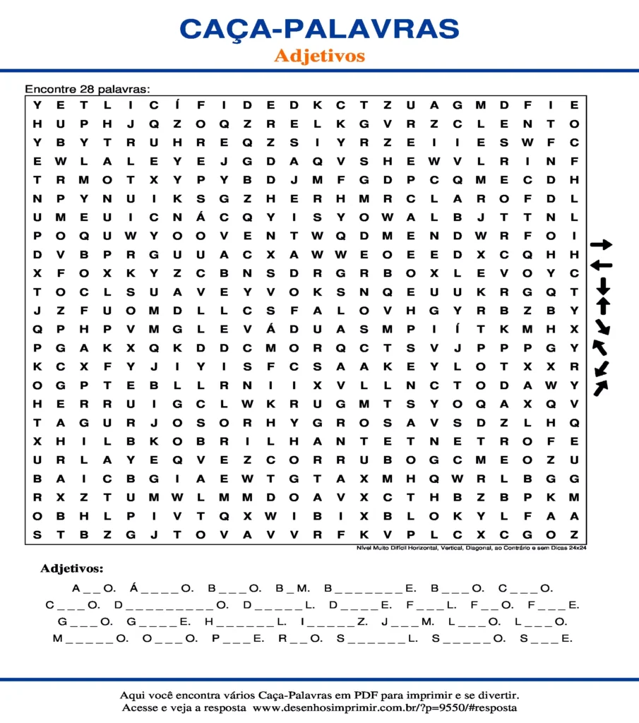 Adjetivos Nível Muito Difícil Horizontal, Vertical, Diagonal, ao Contrário e sem Dicas 24x24 caça palavras Caça Palavras dos Adjetivos Nível Muito Difícil Horizontal, Vertical, Diagonal, ao Contrário e sem Dicas 24x24 para imprimir