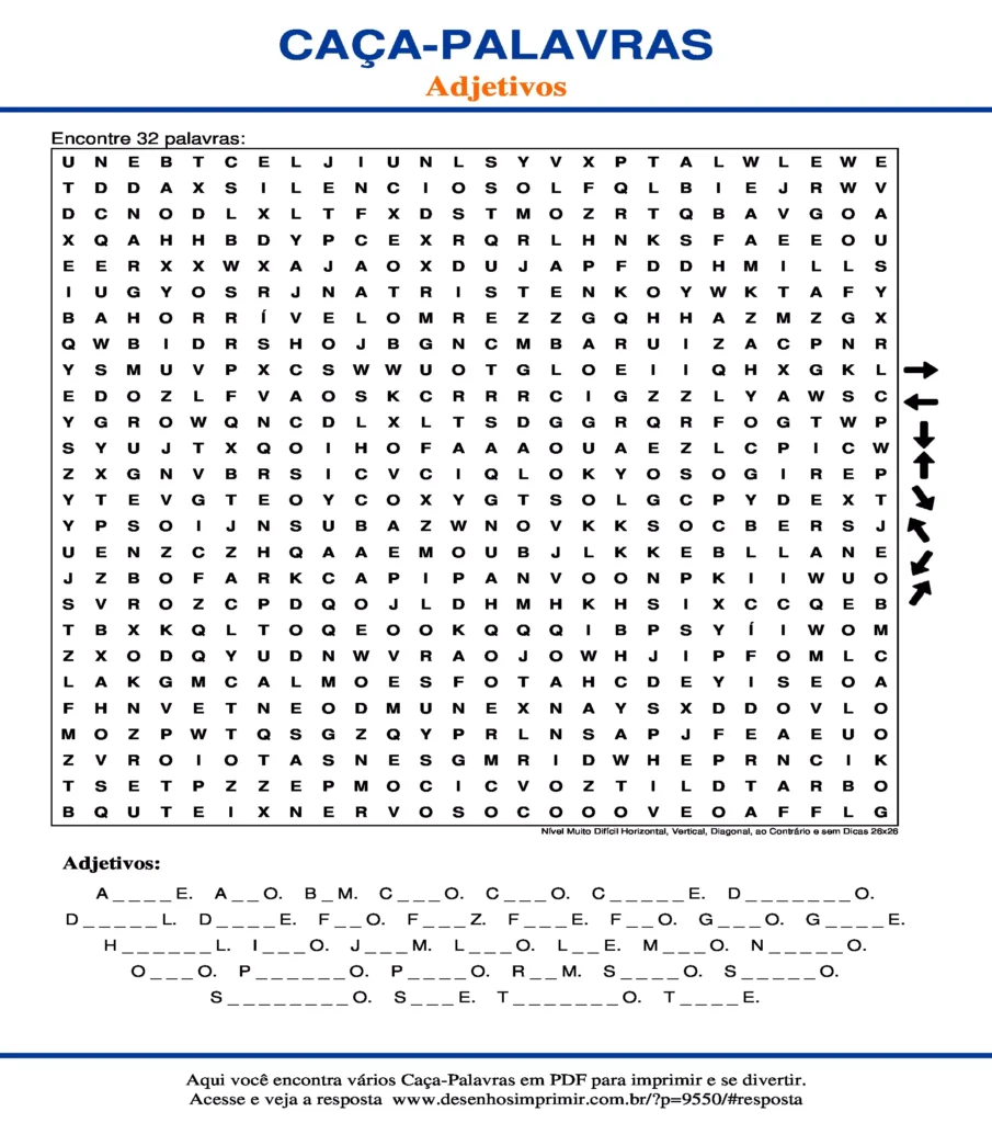 Adjetivos Nível Muito Difícil Horizontal, Vertical, Diagonal, ao Contrário e sem Dicas 26x26 caça palavras Caça Palavras dos Adjetivos Nível Muito Difícil Horizontal, Vertical, Diagonal, ao Contrário e sem Dicas 26x26 para imprimir