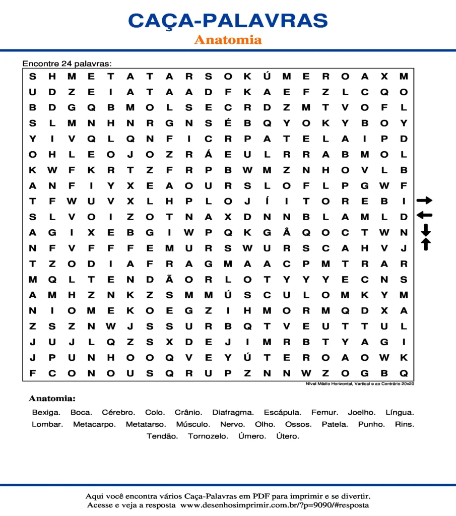 Anatomia Nível Médio Horizontal, Vertical e ao Contrário 20x20 caça palavras Caça Palavras Anatomia Nível Médio Horizontal, Vertical e ao Contrário 20x20 para imprimir