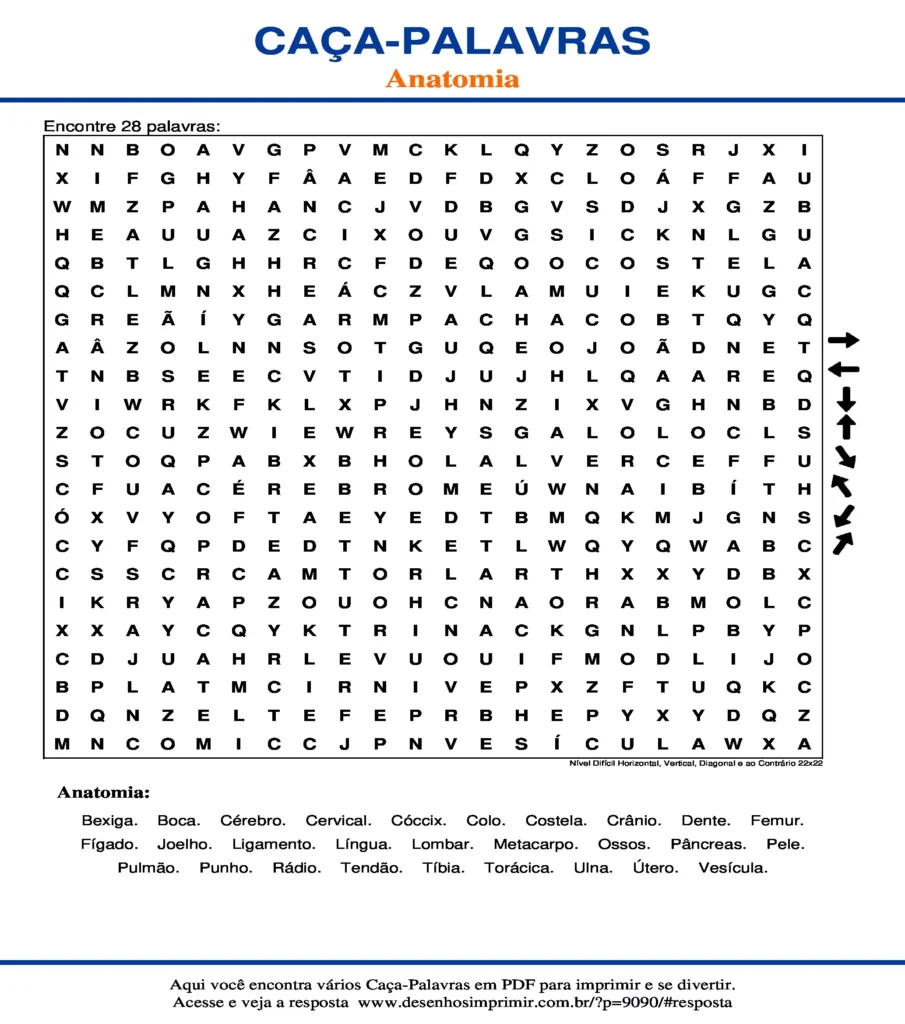 Anatomia Nível Difícil Horizontal, Vertical, Diagonal e ao Contrário 22x22 caça palavras Caça Palavras Anatomia Nível Difícil Horizontal, Vertical, Diagonal e ao Contrário 22x22 para imprimir