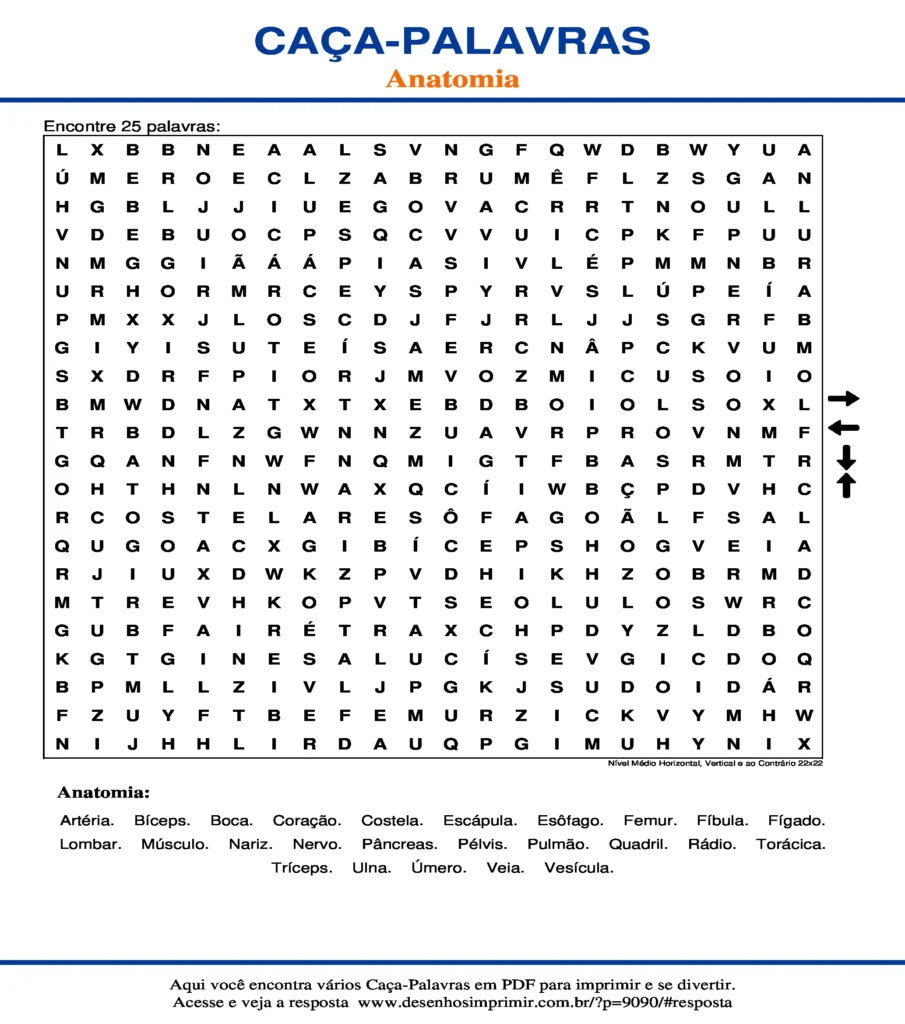 Anatomia Nível Médio Horizontal, Vertical e ao Contrário 22x22 caça palavras Caça Palavras Anatomia Nível Médio Horizontal, Vertical e ao Contrário 22x22 para imprimir