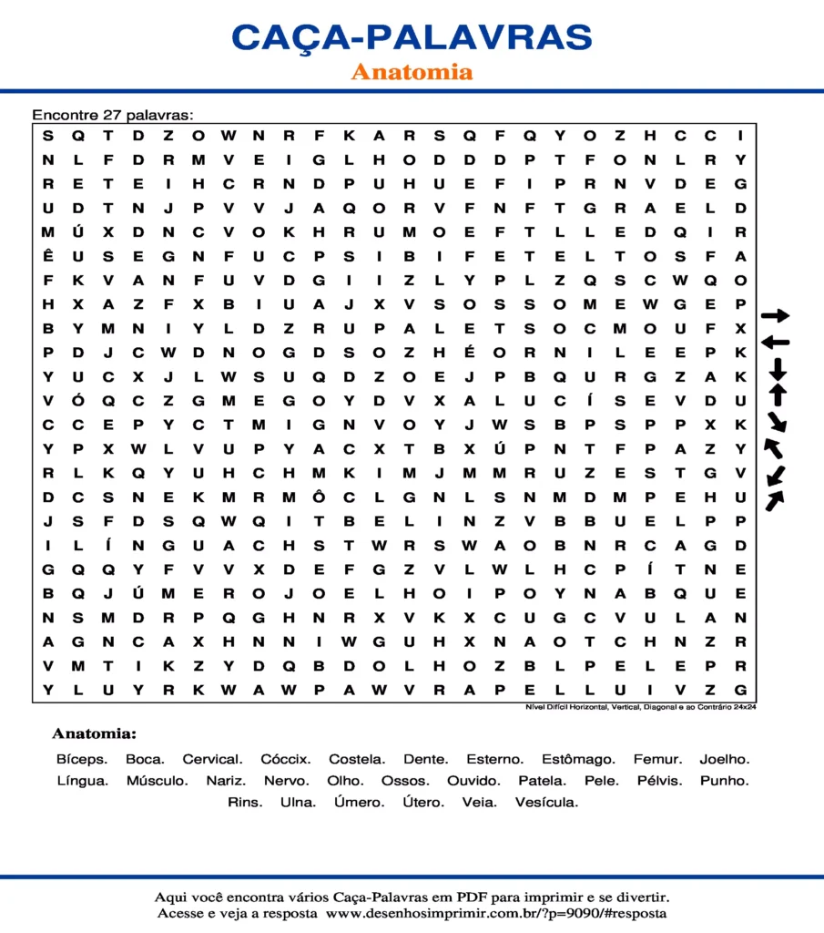 Anatomia Nível Difícil Horizontal, Vertical, Diagonal e ao Contrário 24x24 caça palavras Caça Palavras Anatomia Nível Difícil Horizontal, Vertical, Diagonal e ao Contrário 24x24 para imprimir