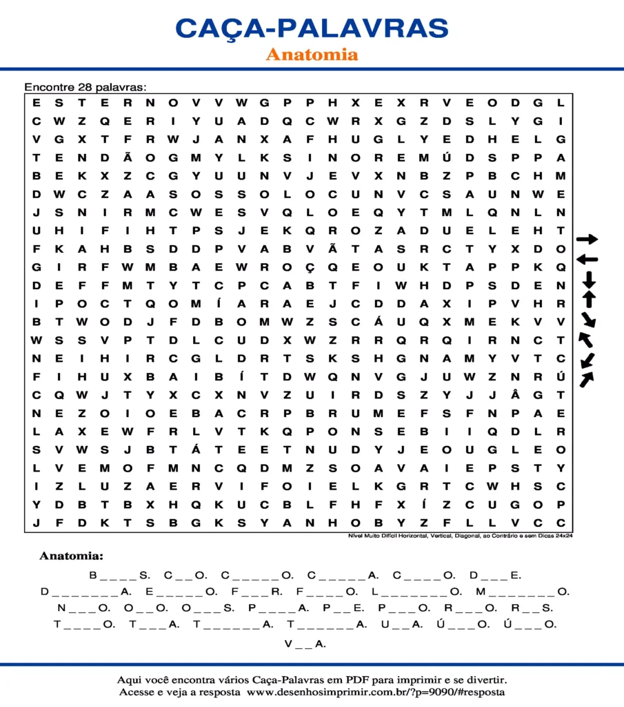 Anatomia Nível Muito Difícil Horizontal, Vertical, Diagonal, ao Contrário e sem Dicas 24x24 caça palavras Caça Palavras Anatomia Nível Muito Difícil Horizontal, Vertical, Diagonal, ao Contrário e sem Dicas 24x24 para imprimir
