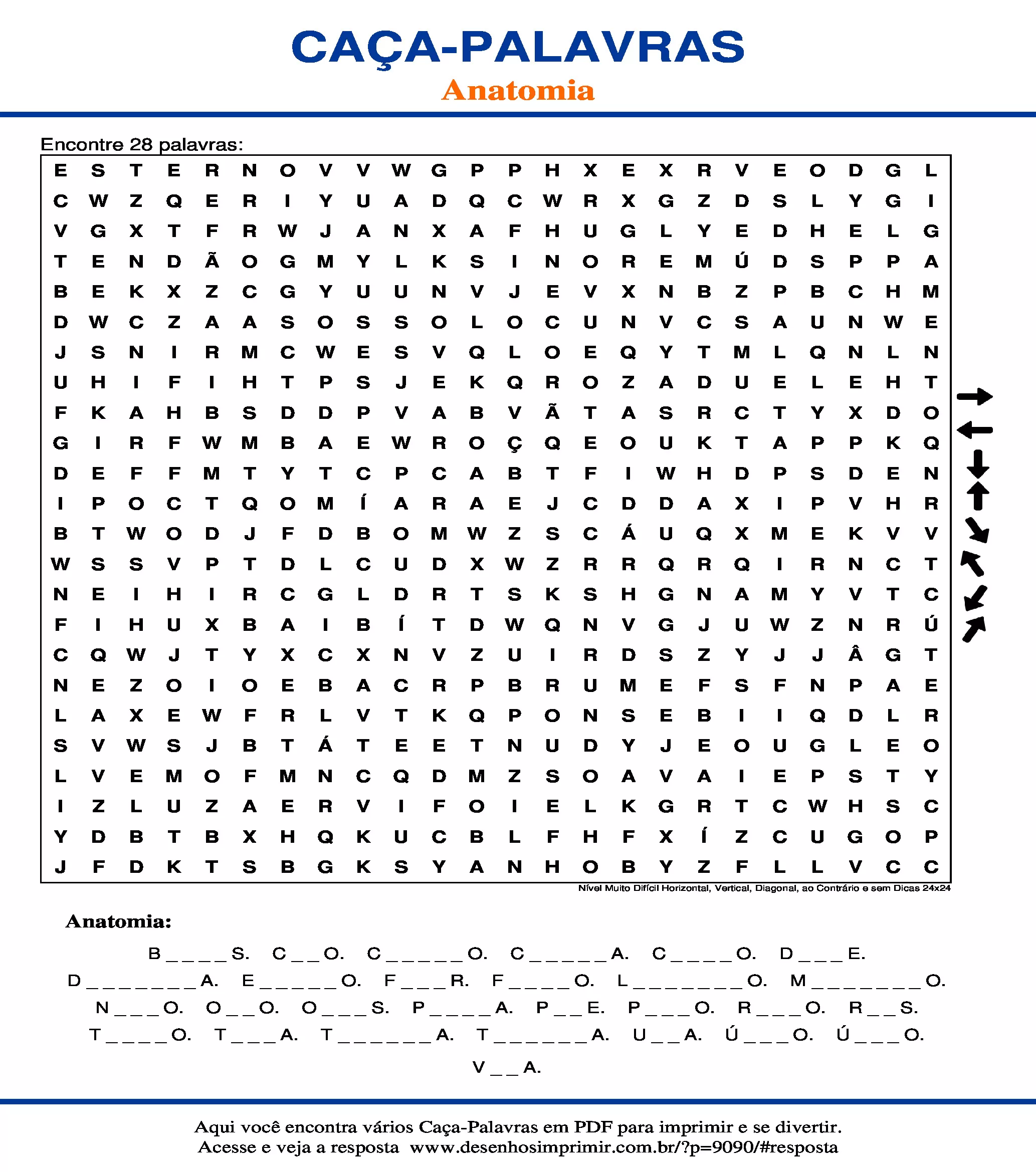 Caça Palavras Nível Muito Difícil Horizontal, Vertical, Diagonal, ao Contrário e sem Dicas 24x24