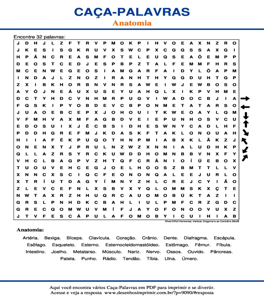 Anatomia Nível Difícil Horizontal, Vertical, Diagonal e ao Contrário 26x26 caça palavras Caça Palavras Anatomia Nível Difícil Horizontal, Vertical, Diagonal e ao Contrário 26x26 para imprimir