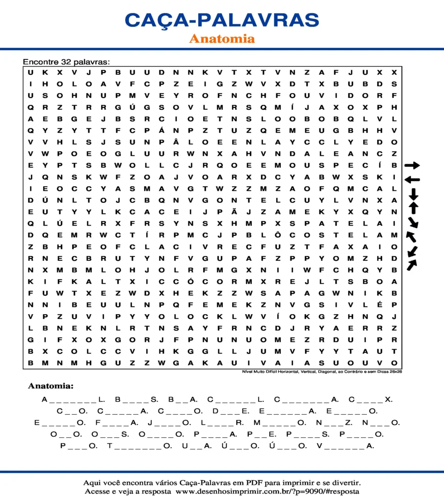 Anatomia Nível Muito Difícil Horizontal, Vertical, Diagonal, ao Contrário e sem Dicas 26x26 caça palavras Caça Palavras Anatomia Nível Muito Difícil Horizontal, Vertical, Diagonal, ao Contrário e sem Dicas 26x26 para imprimir
