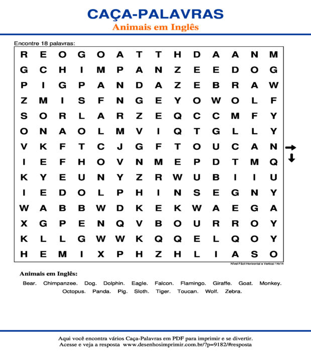 Caça Palavras Animais em Inglês Nível Fácil Horizontal e Vertical 14x14