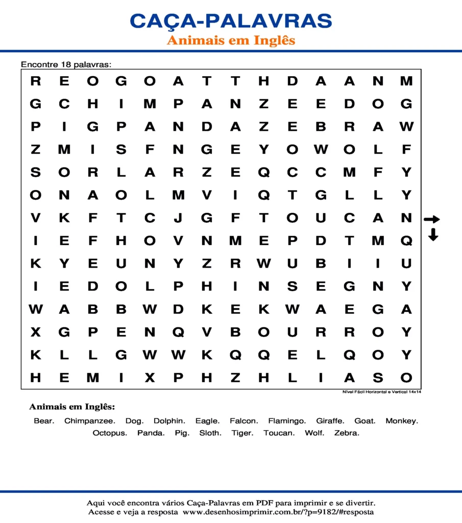 Caça Palavras Animais em Inglês Nível Fácil Horizontal e Vertical 14x14