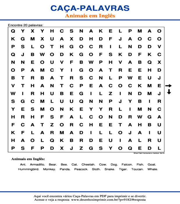 Caça Palavras Animais em Inglês Nível Fácil Horizontal e Vertical 16x16