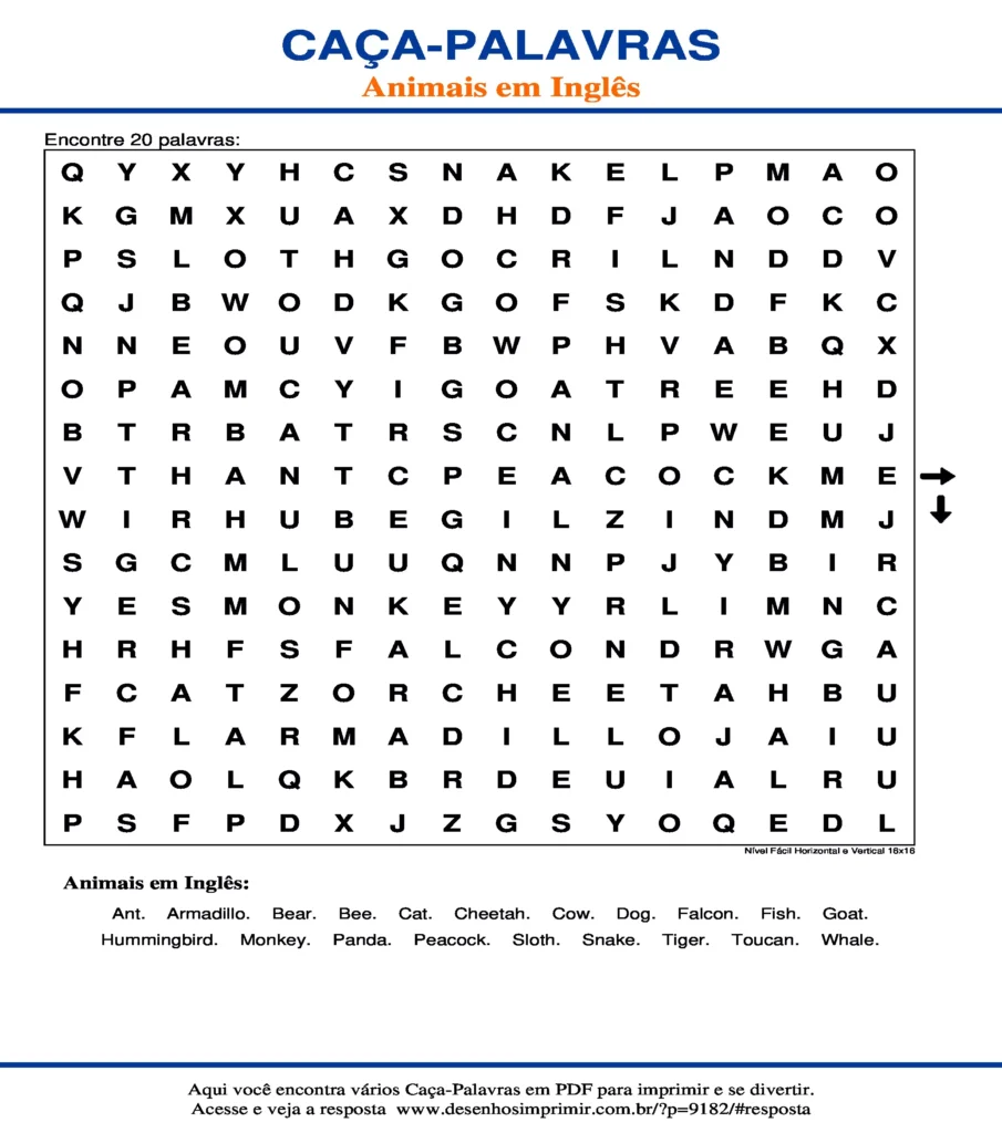 Caça Palavras Animais em Inglês Nível Fácil Horizontal e Vertical 16x16