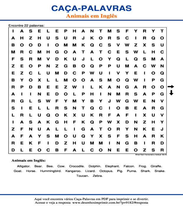 Caça Palavras Animais em Inglês Nível Fácil Horizontal e Vertical 18x18
