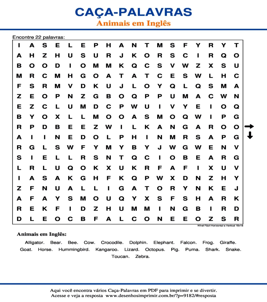 Caça Palavras Animais em Inglês Nível Fácil Horizontal e Vertical 18x18