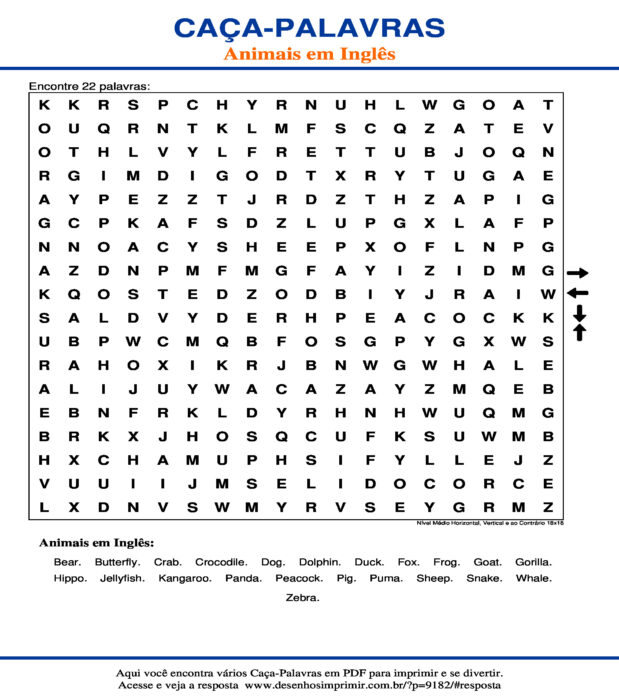 Caça Palavras Animais em Inglês Nível Médio Horizontal, Vertical e ao Contrário 18x18