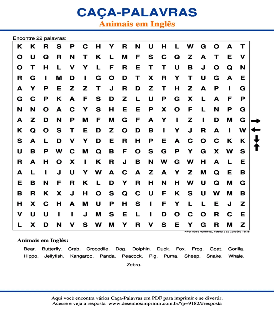 Caça Palavras Animais em Inglês Nível Médio Horizontal, Vertical e ao Contrário 18x18