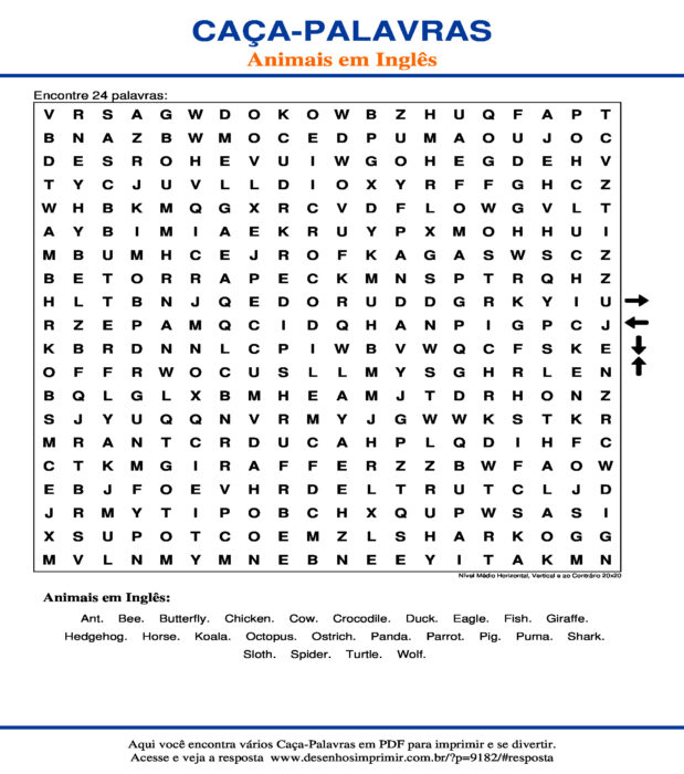 Caça Palavras Animais em Inglês Nível Médio Horizontal, Vertical e ao Contrário 20x20