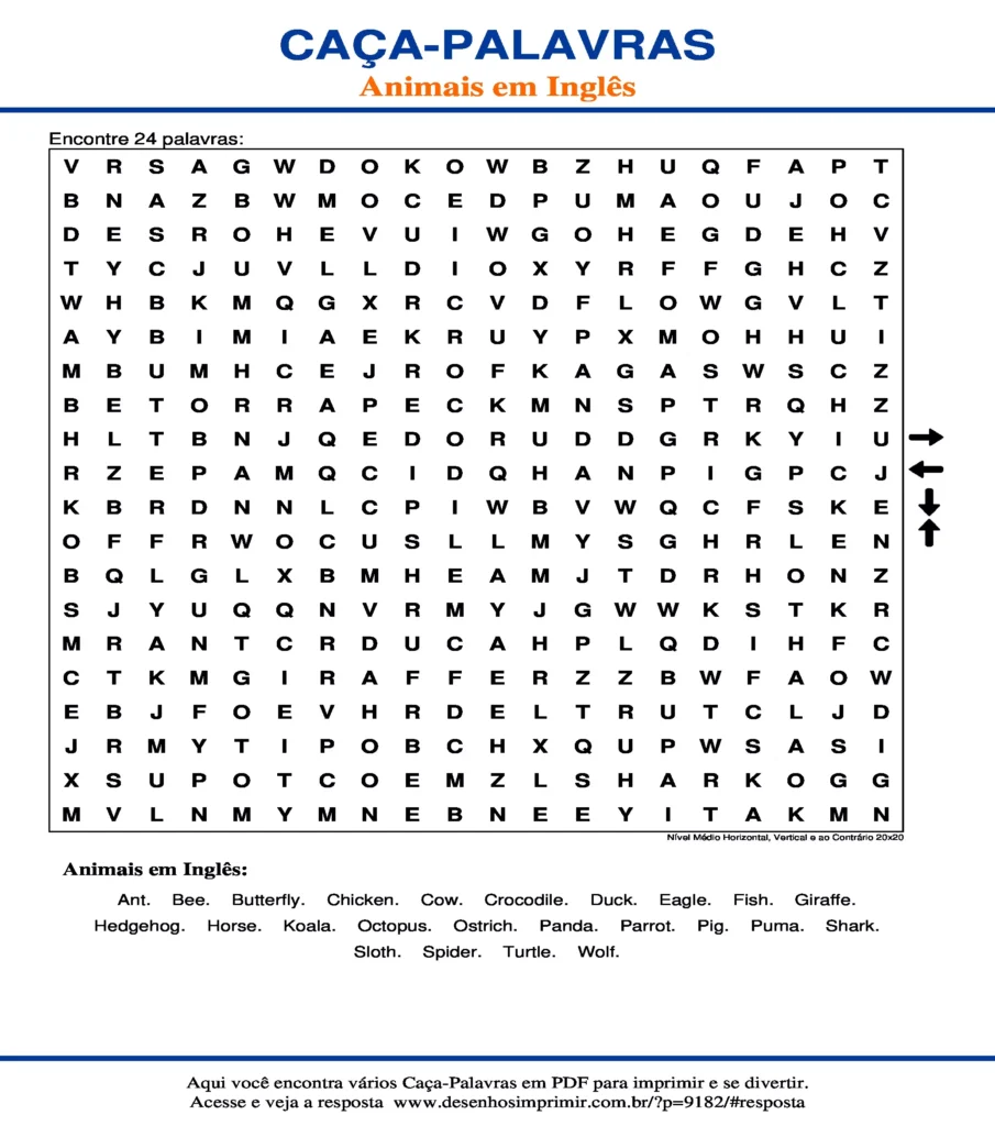 Caça Palavras Animais em Inglês Nível Médio Horizontal, Vertical e ao Contrário 20x20