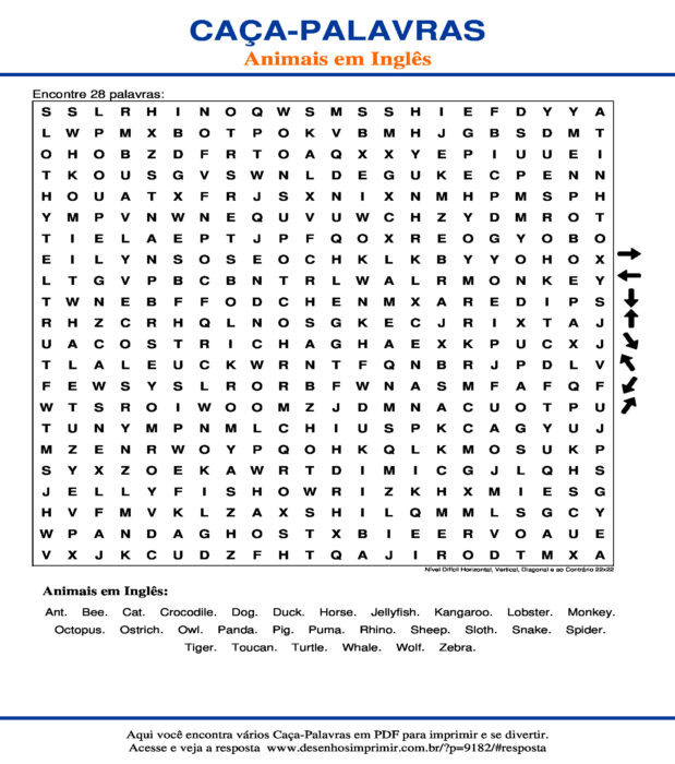 Caça Palavras Animais em Inglês Nível Difícil Horizontal, Vertical, Diagonal e ao Contrário 22x22