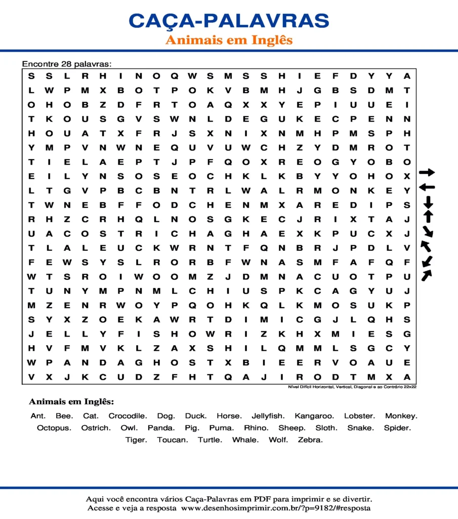 Caça Palavras Animais em Inglês Nível Difícil Horizontal, Vertical, Diagonal e ao Contrário 22x22