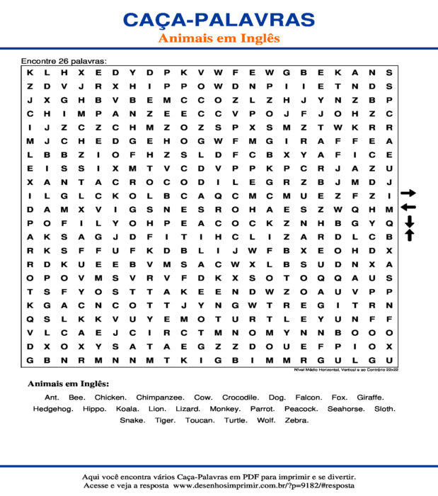 Caça Palavras Animais em Inglês Nível Médio Horizontal, Vertical e ao Contrário 22x22