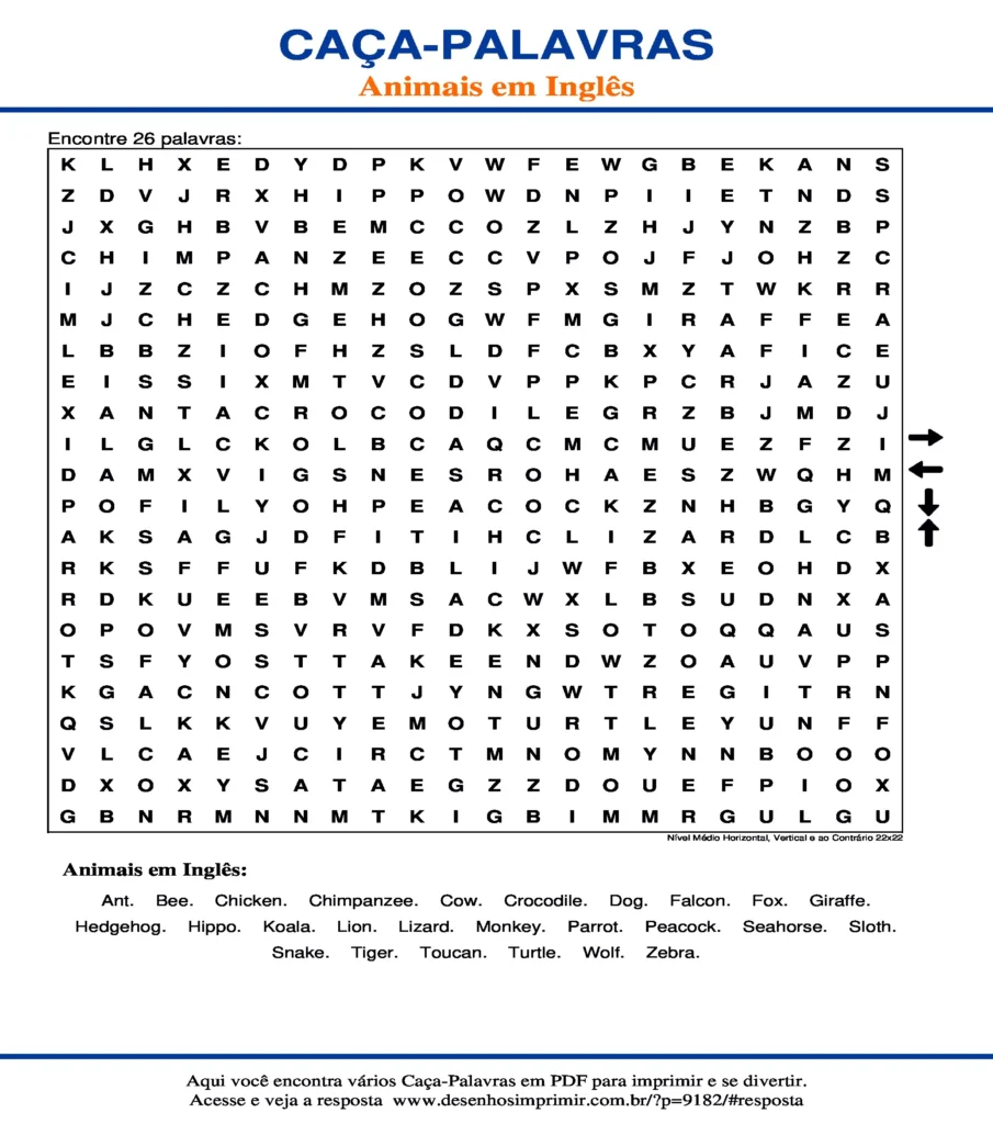 Caça Palavras Animais em Inglês Nível Médio Horizontal, Vertical e ao Contrário 22x22