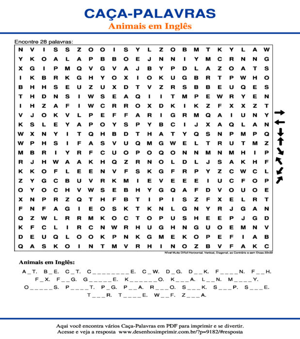 Caça Palavras Animais em Inglês Nível Muito Difícil Horizontal, Vertical, Diagonal, ao Contrário e sem Dicas 22x22