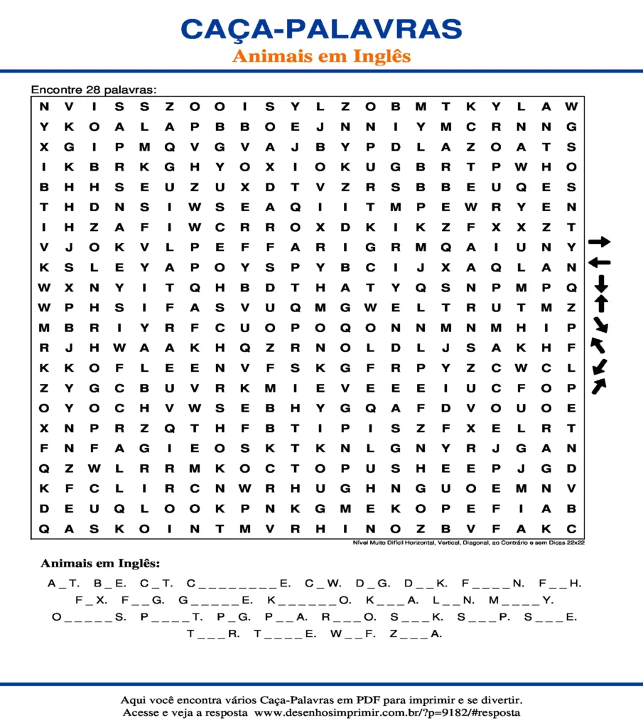 Caça Palavras Animais em Inglês Nível Muito Difícil Horizontal, Vertical, Diagonal, ao Contrário e sem Dicas 22x22