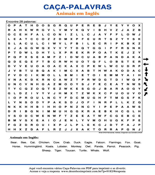 Caça Palavras Animais em Inglês Nível Difícil Horizontal, Vertical, Diagonal e ao Contrário 24x24