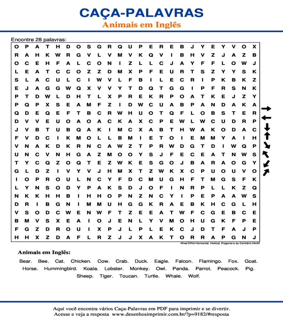 Caça Palavras Animais em Inglês Nível Difícil Horizontal, Vertical, Diagonal e ao Contrário 24x24