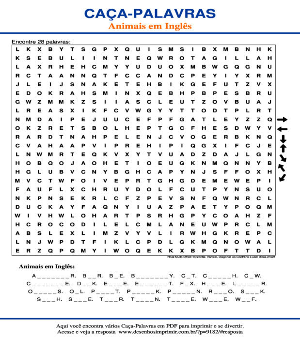Caça Palavras Animais em Inglês Nível Muito Difícil Horizontal, Vertical, Diagonal, ao Contrário e sem Dicas 24x24
