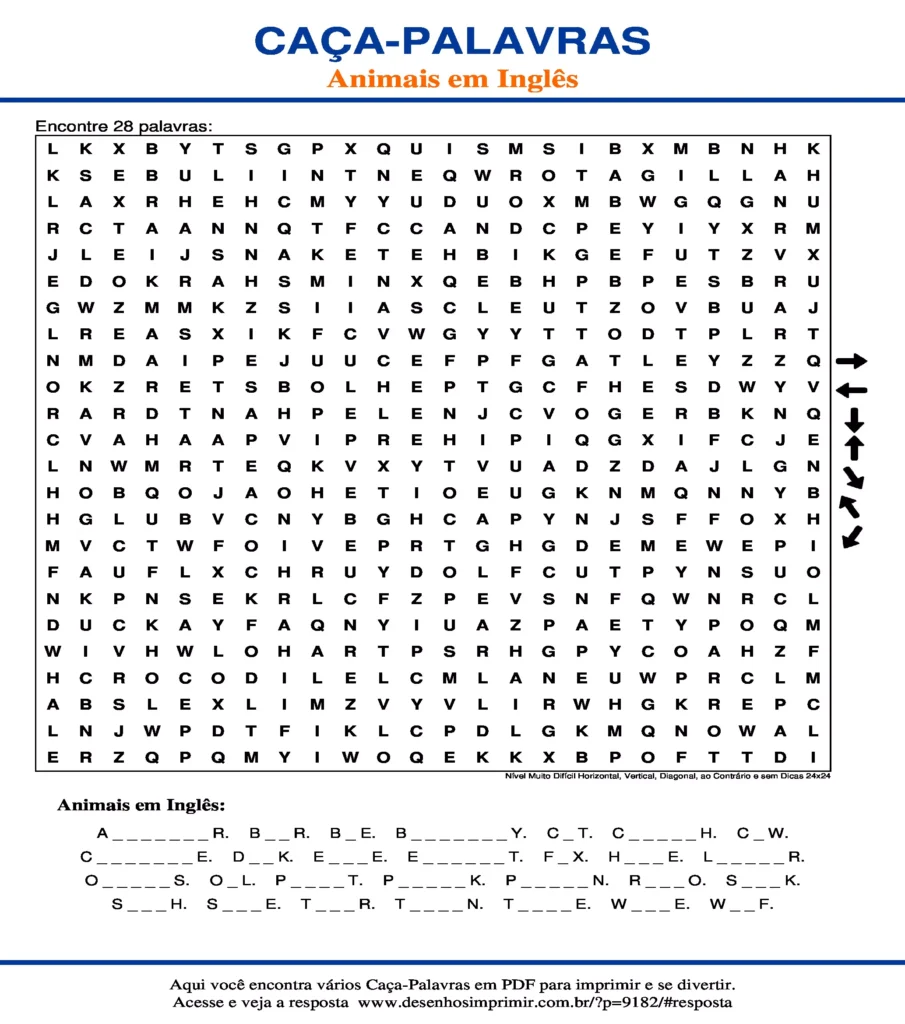Caça Palavras Animais em Inglês Nível Muito Difícil Horizontal, Vertical, Diagonal, ao Contrário e sem Dicas 24x24