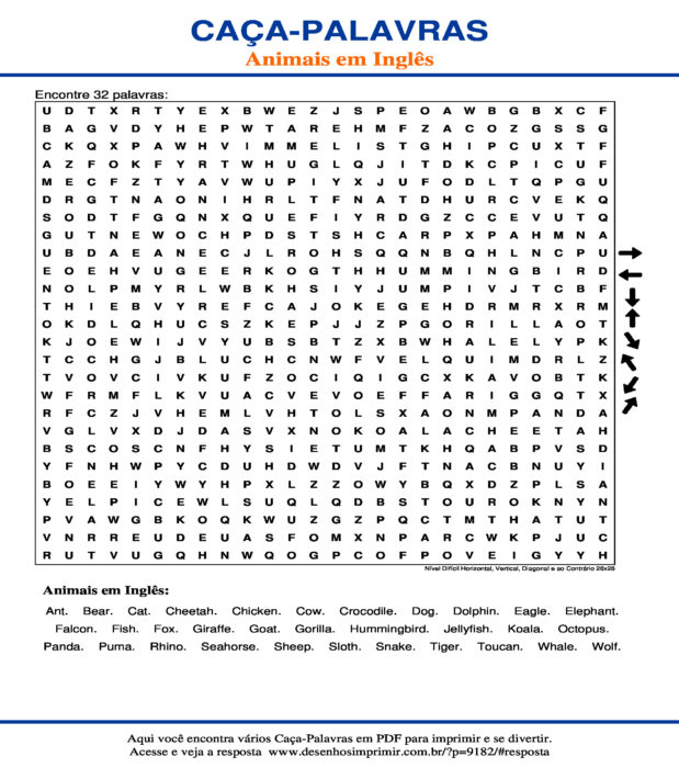 Caça Palavras Animais em Inglês Nível Difícil Horizontal, Vertical, Diagonal e ao Contrário 26x26